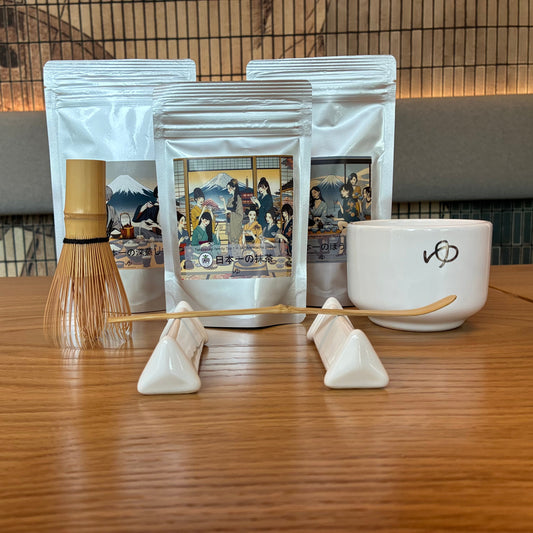 Zestaw Premium Yukarinko – Czarka Majolika, Bambusowe Mieszadełko, Bambusowa Łyżeczka + 3 Herbaty